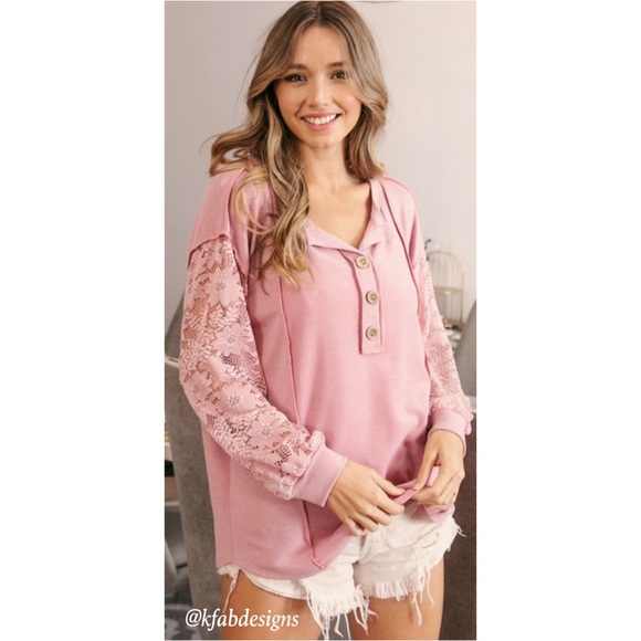 LAST! Button Henley Style Dusty Rose Floral Lace Sleeve Top! - Picture 10 of 13